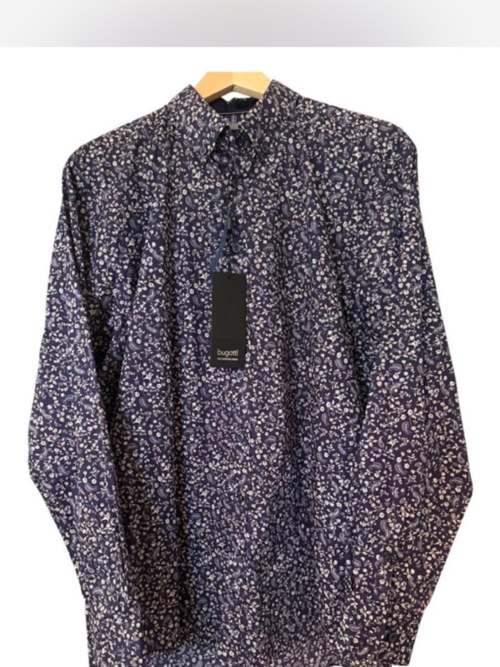 Bugatti Navy Floral Paisley-Pattern Mens Long Sleeve Button-Down Shirt NWT Large